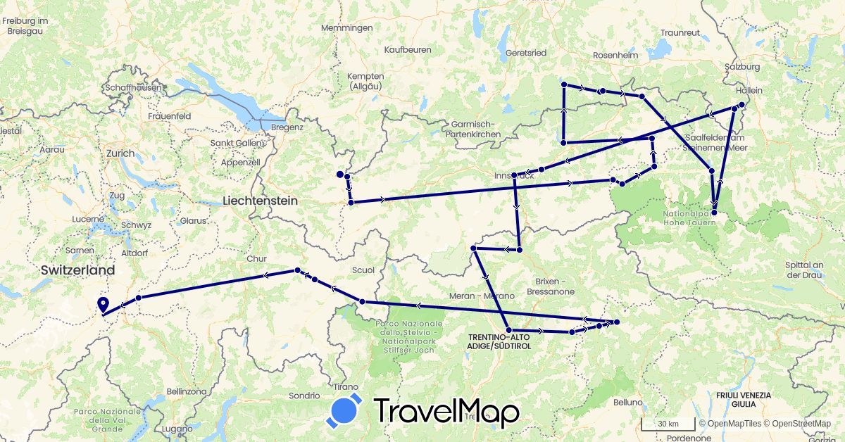 TravelMap itinerary: driving in Austria, Switzerland, Germany, Italy (Europe)